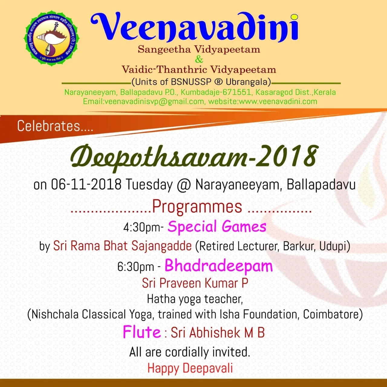 Printed Deepothsavam 2018 notice on the Veenavadini letterhead, listing the evening’s special games, Bhadradeepam and flute concert.