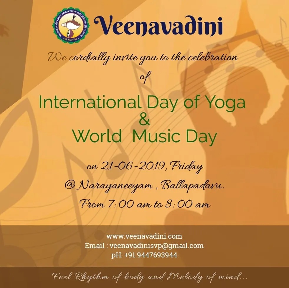 Orange invitation card for Veenavadini’s 2019 International Day of Yoga and World Music Day celebration, a veena silhouette faint behind the lettering.