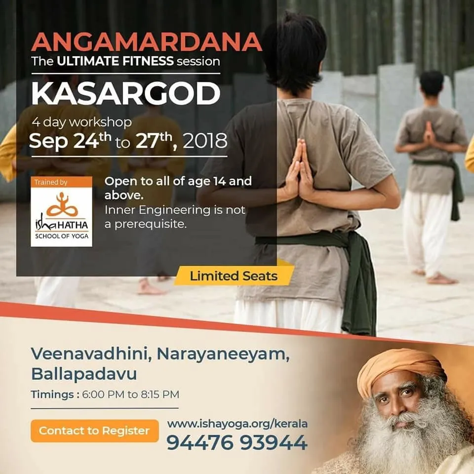 Isha Hatha Yoga poster for the four-day Angamardana workshop at Narayaneeyam, a practitioner standing with palms joined above the session timings.