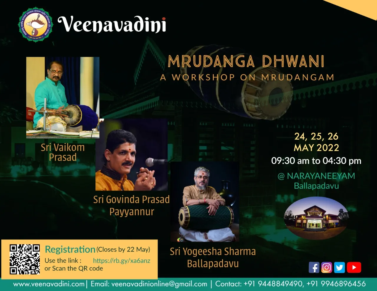 Dark-toned poster for the Mrudanga Dhwani mridangam workshop, showing photographs of the three teaching artistes beside a mridangam and the Narayaneeyam campus building.