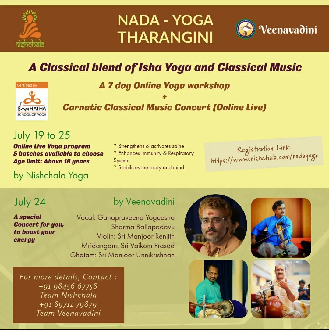 Joint Nishchala Yoga and Veenavadini poster for Nada Yoga Tharangini, a seven-day online yoga workshop closing with a live Carnatic concert, with photographs of the four concert artistes.