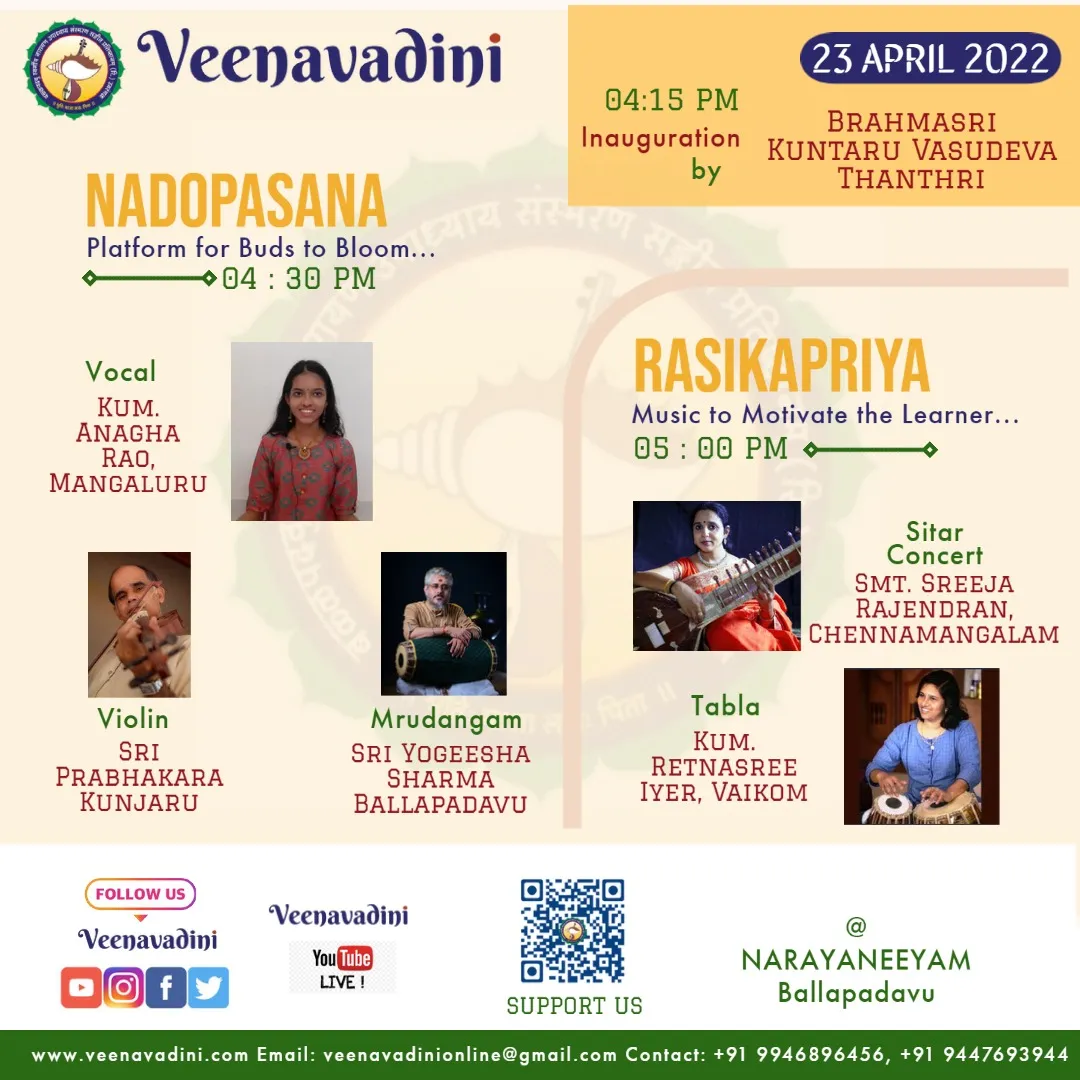 Poster for the April 2022 Nadopasana and Rasikapriya, its portraits introducing the young vocalist and the sitar artiste with their violin, mridangam and tabla accompanists.
