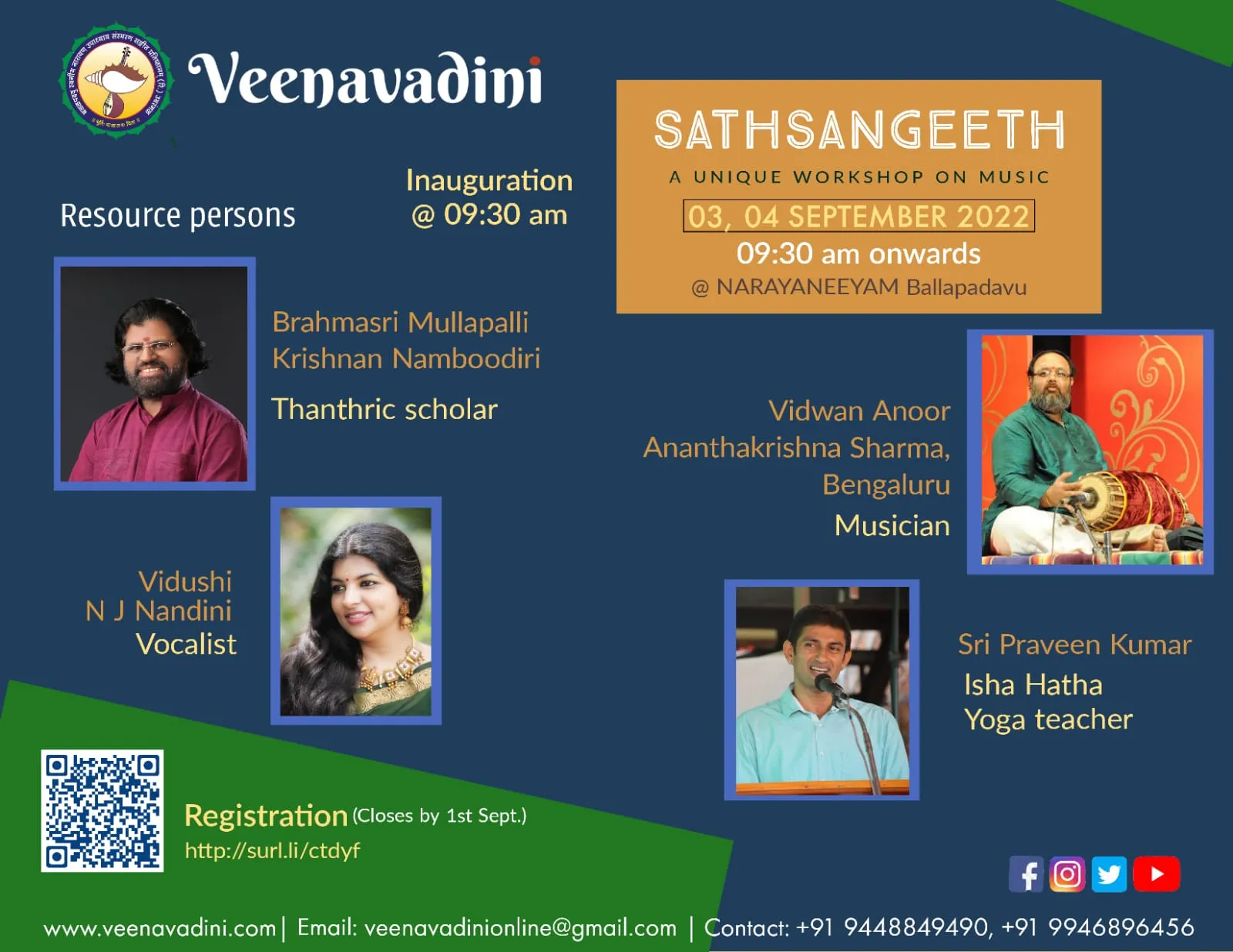 Poster for the Sathsangeeth music workshop, showing framed portraits of the resource persons — a thanthric scholar, a vocalist, a musician and a yoga teacher — on a blue and green ground.