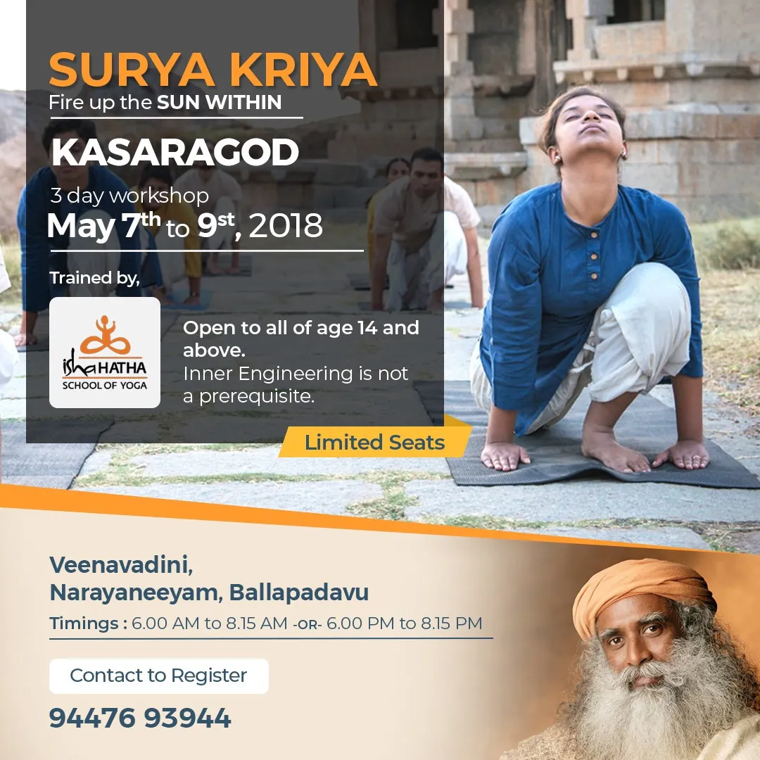 Isha Hatha Yoga poster for the three-day Surya Kriya workshop at Narayaneeyam, a practitioner arching back in the posture above the session timings.