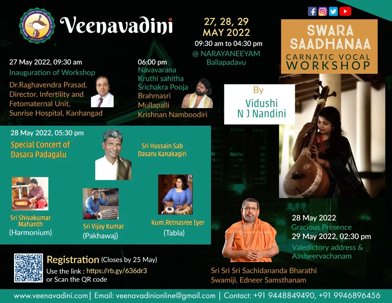 Poster for the Swara Saadhanaa vocal workshop and Srichakra Pooja, an illustrated veena player at the right beside the three-day schedule and photographs of the resource artistes.
