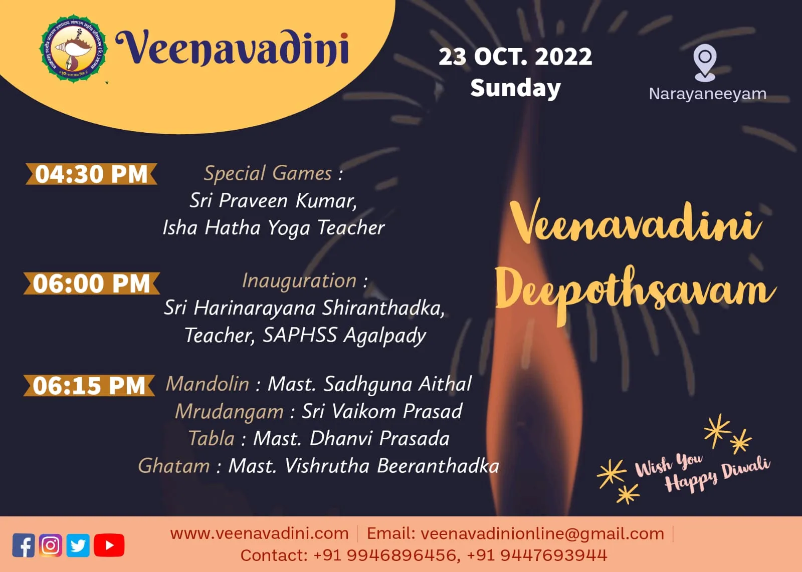 Deepavali poster for Veenavadini Deepothsavam 2022: a lit oil-lamp flame glowing against deep indigo, beside the evening’s programme of games, inauguration and mandolin concert.