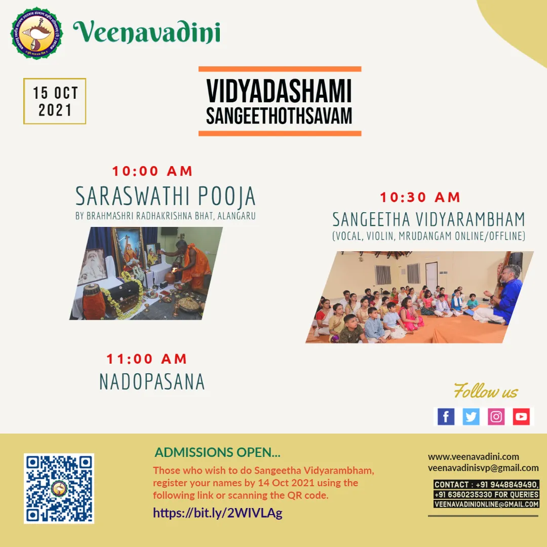 Notice for Vidyadashami Sangeethothsavam 2021, with small photographs of the Saraswathi Pooja altar and of a hall of seated students beside the morning’s timings.
