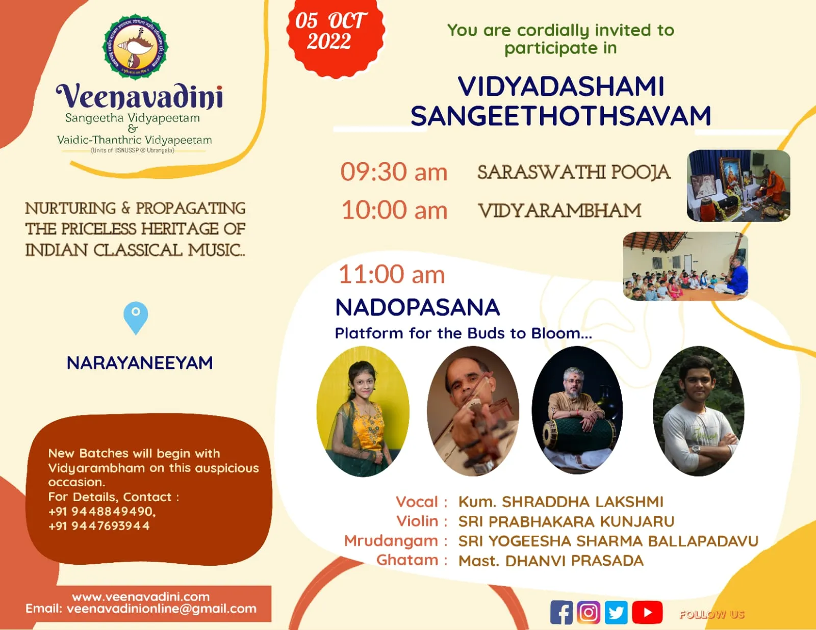 Invitation for Vidyadashami Sangeethothsavam 2022, its cream and crimson panels listing the Saraswathi Pooja, Vidyarambham and Nadopasana beside small photographs of the pooja altar and the young performers.